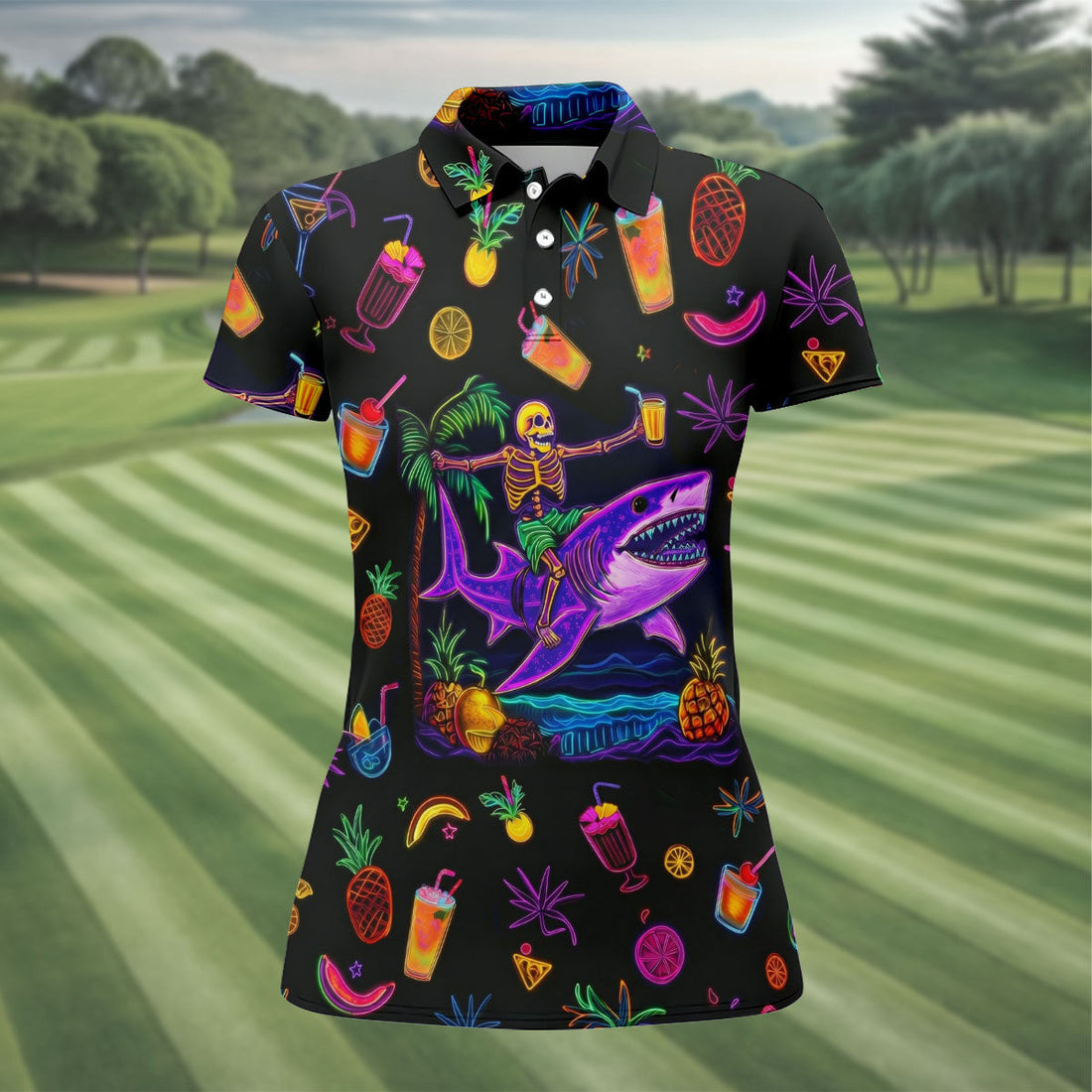 Neon Shark Beach Party Pattern Golf Shirt, Women's Golf Shirt, Hawaiian Golf Shirt, Golf Polo For Women