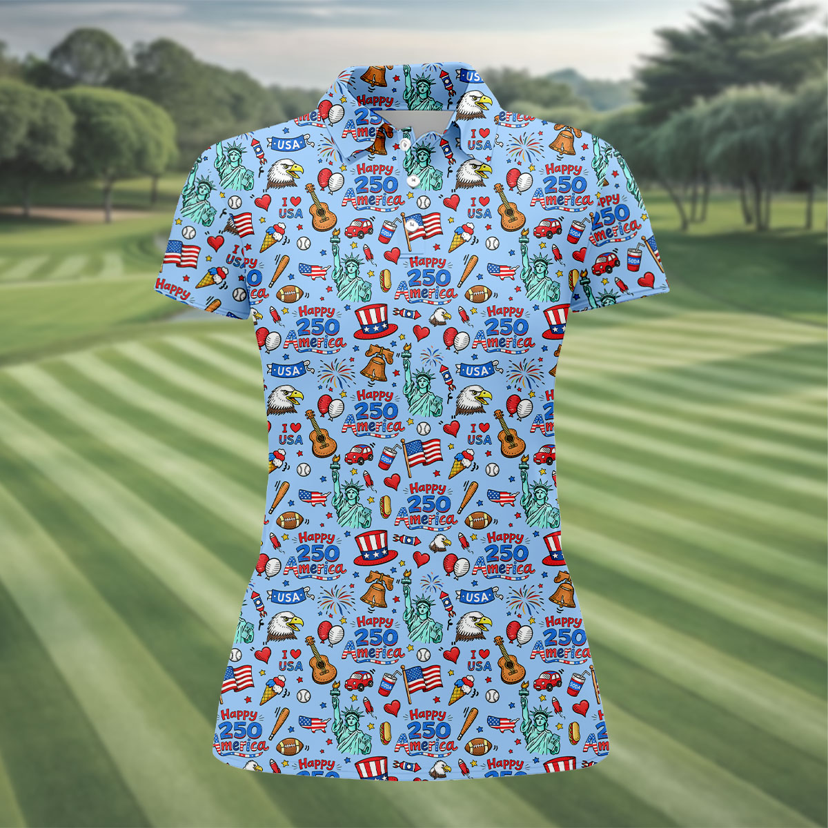 Happy 250 America Independence Celebration Blue Golf Shirt, Patriotic 4th Of July Golf Shirt For Women