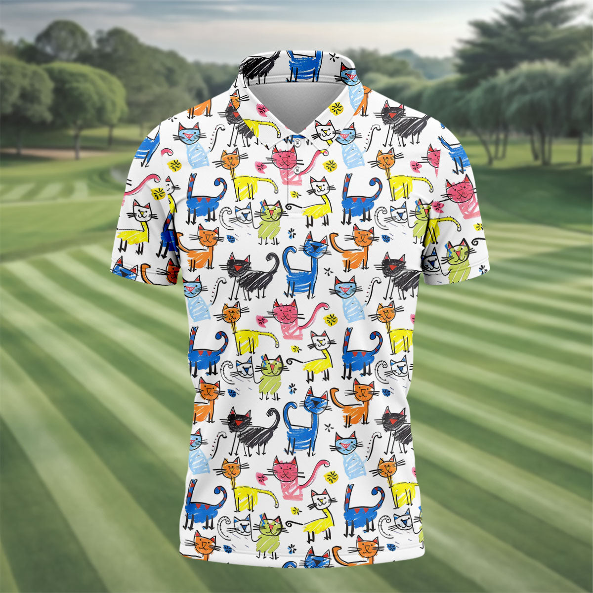 Cartoon Cat Golf Shirt, Colorful Doodle Cat Pattern, Polo Shirts For Men