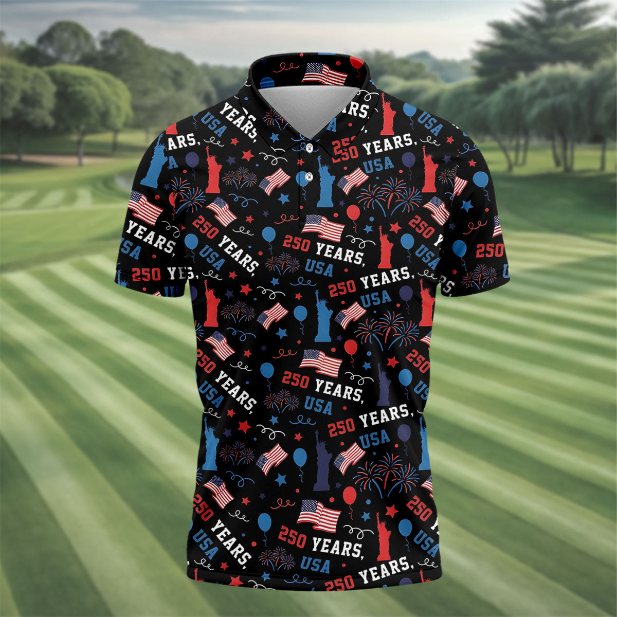 250 Years USA Red White Blue Seamless Pattern Black Golf Shirt, Patriotic 4th Of July Golf Shirts For Men