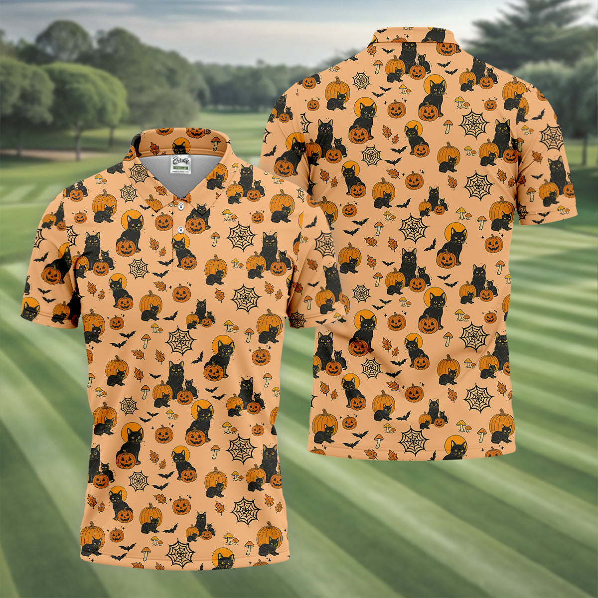 Black Cat Pumpkin Halloween Golf Shirt, Orange Golf Shirt, Mens Golf Polo Shirt Golfing Apparel