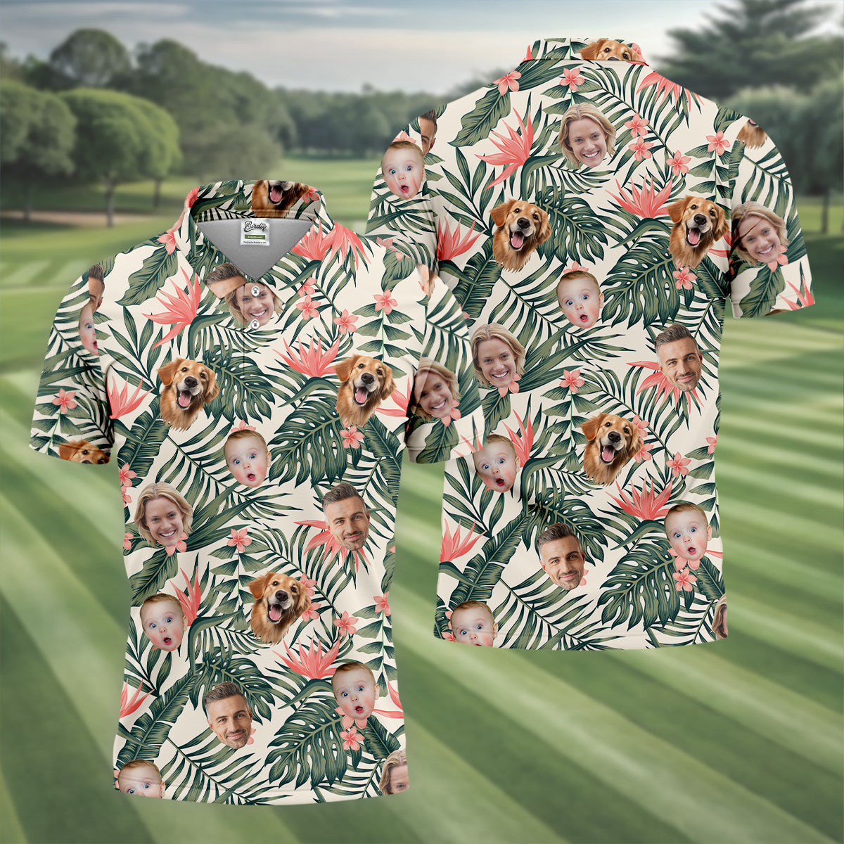 Tropical Floral Pattern Custom Hawaiian Shirts With Face, Men Polo ShirtLong Sleeve Golf Shirts