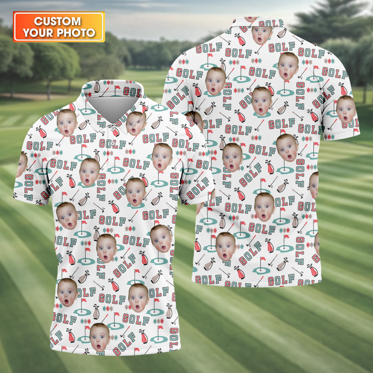 Custom Kid Face Photo, Funny Polo Golf Shirt, Gifts For The Golfing Dad, Christmas Golf Gift