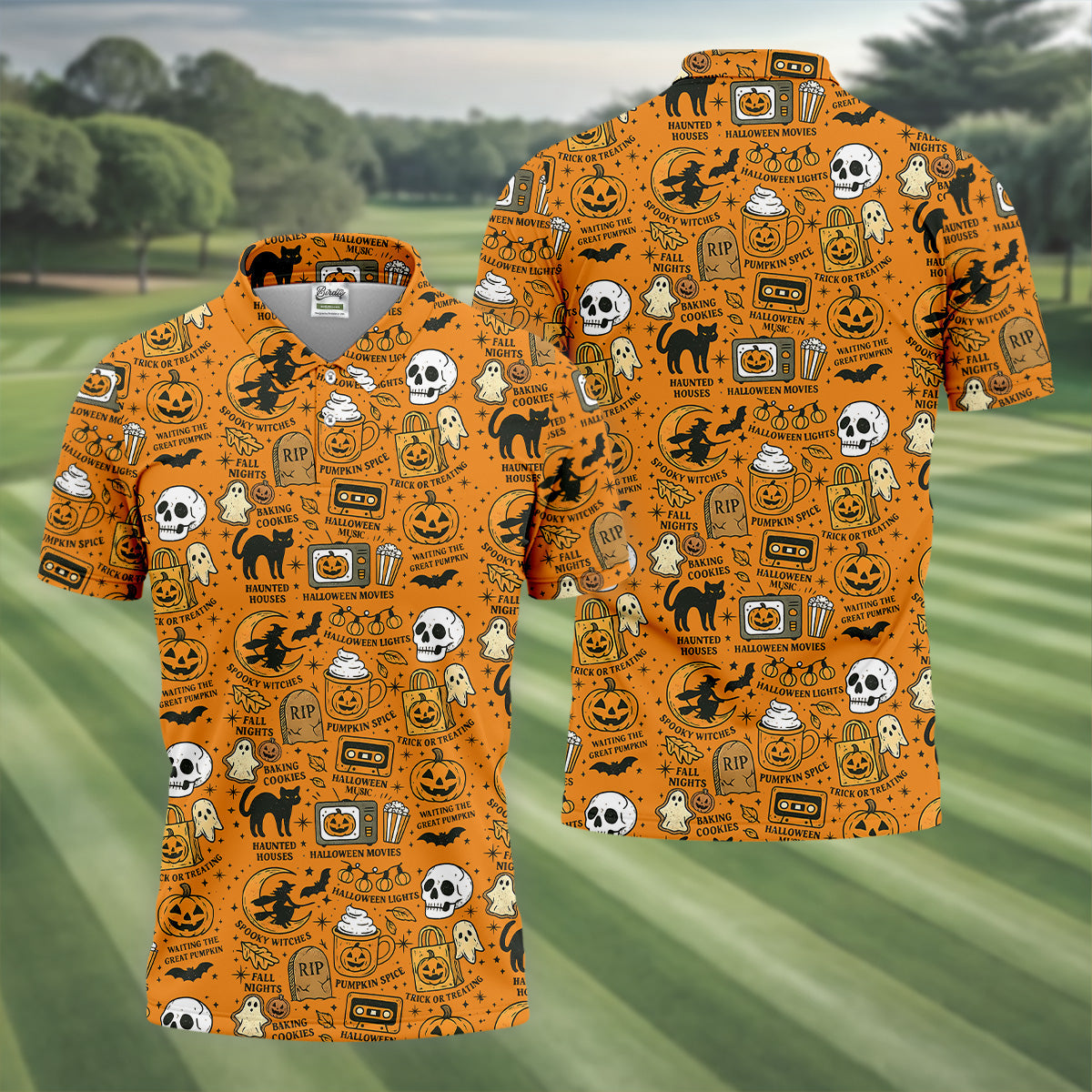 Orange Halloween Cat Golf Polo Shirt Halloween Theme Shirts, Mens Golf Polo Shirt Golfing Apparel