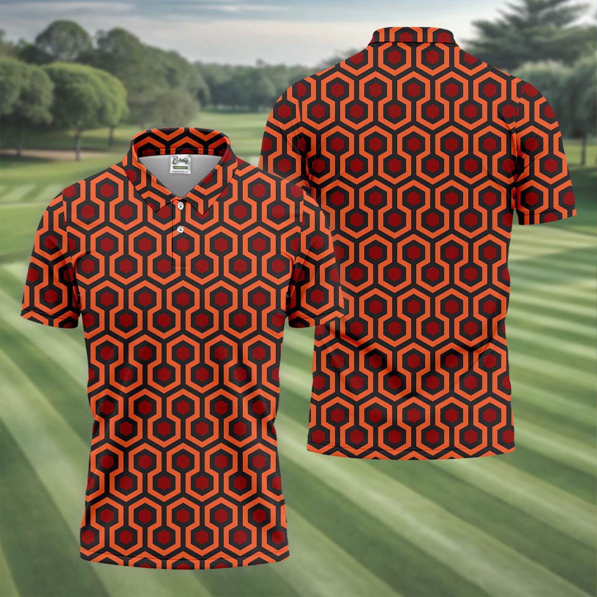 Spooky Hotel Carpet Horror Pattern Mens Golf Polo Shirt Pattern Golf Shirt, Halloween Golf Shirts, Golf Shirts For Men