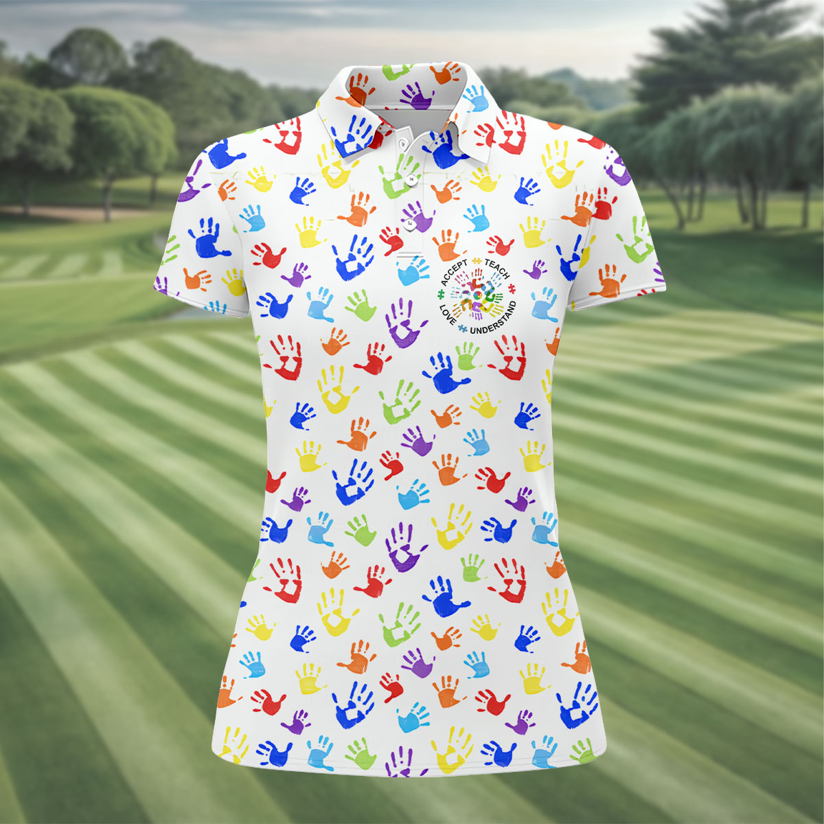 Accept Teach Understand Love Autism Awareness Colorful Handprint White Golf Shirt, Women's Golf Tops