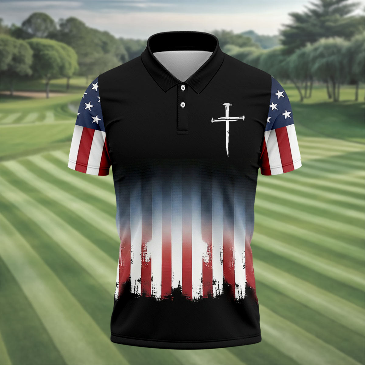 250 Years USA Anniversary 1776-2026 Men's Golf Polo ShirtFaith Cross 4th Of July Patriotic Golf Shirt