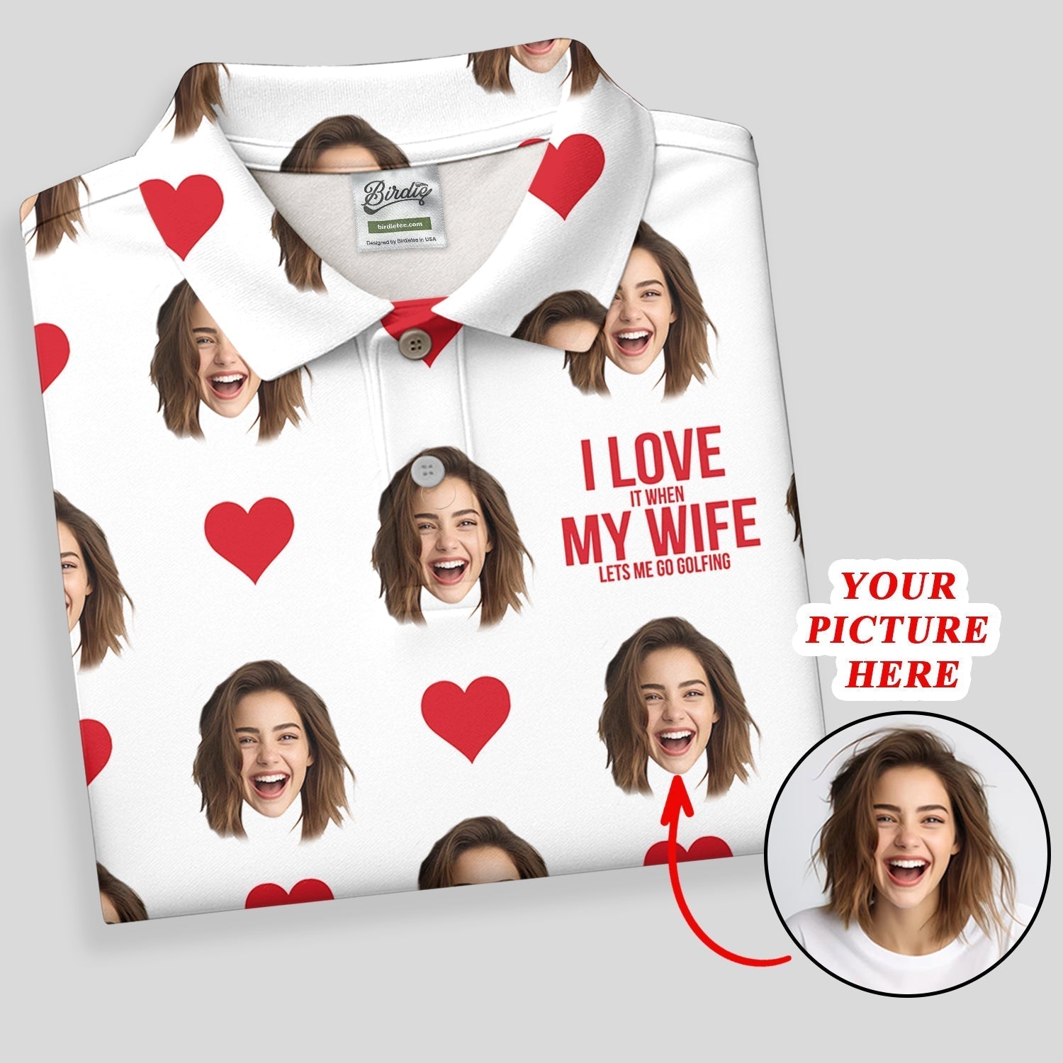 I Love My Wife Custom Photo White Golf Shirt, Valentines Golf Gift, Women Golf Top, Ladies Golf Polos