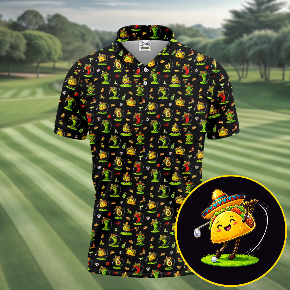 Mexican Cartoon Food Characters Cinco De Mayo Celebration Fiesta Themed Black Golf Shirts For Men