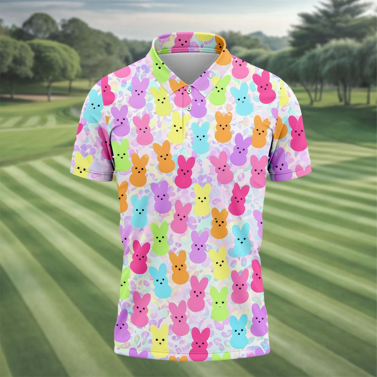 Pastel Easter Peeps Golf Shirts For Men, Cute Golf Outfit, Men's Funny Golf Shirts, Polo Shirt Men