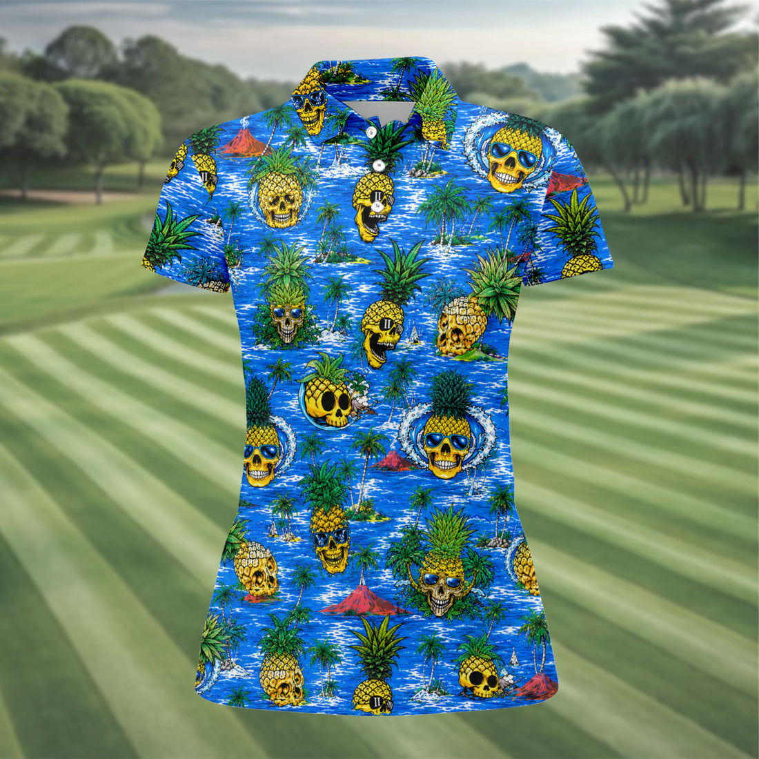 Pineapple Skull Island Ocean Hawaiian Golf Shirt, Hawaiian Golf Shirt, Golf Tops For Women