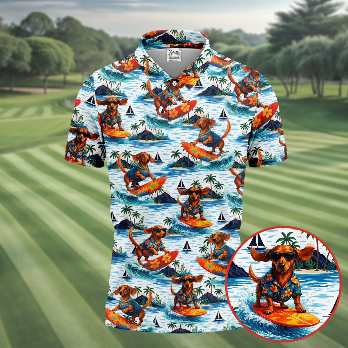 Funny Dachshund Surfing Beach Hawaiian Golf Shirt, Summer Vibe Golf Shirts For Men