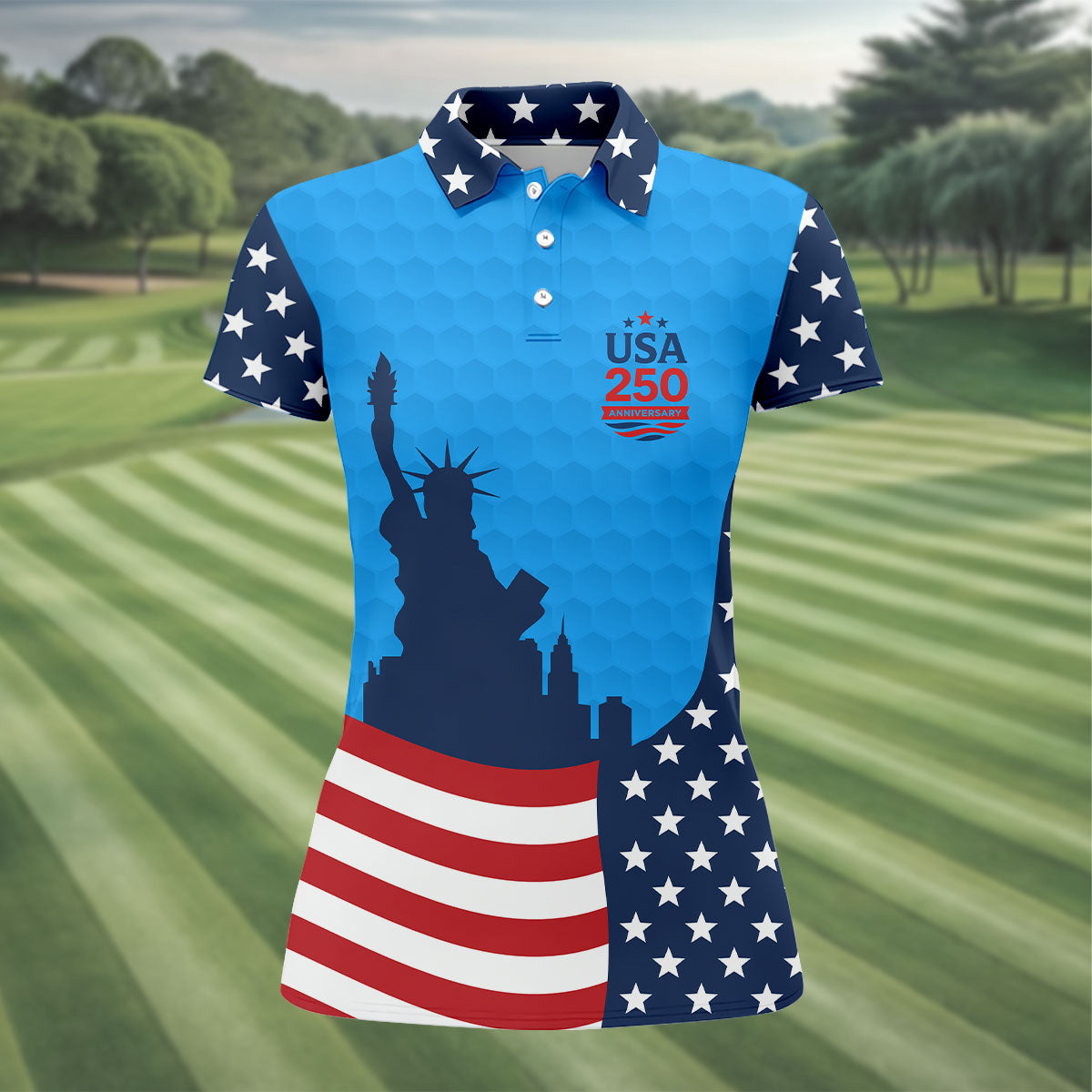 USA 250 Anniversary Statue Of Liberty Blue Golf Shirt, Patriotic Golf Shirt, 4th Of July Women's Golf Tops