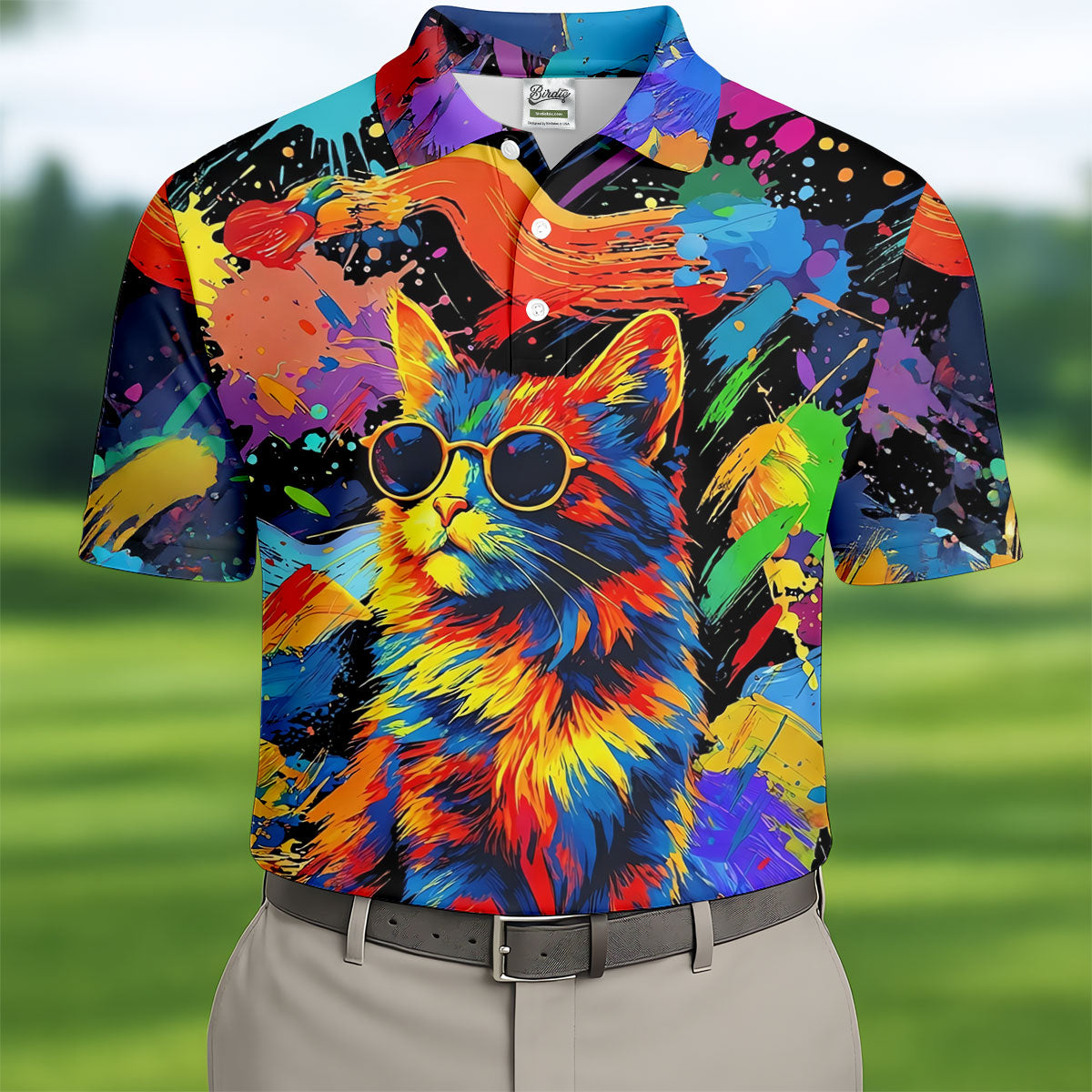 Colorful Cat Sunglasses Paint Splash Golf Shirt, Men's Golf Shirt, Golf Apparel For Men