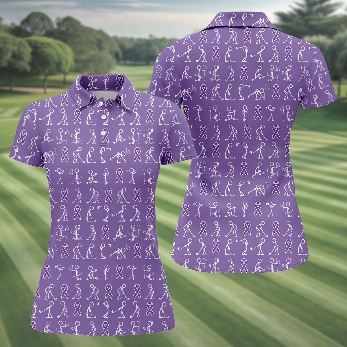 Funny Stick Figure Women's Golf Shirt, Pancreatic Cancer Awareness Shirt, Purple Golf Shirt, Golf Shirts For Women