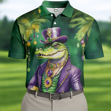 Mardi Gras Alligator Green Golf Shirt, Men's Funny Golf Shirts, Polo ShirtFor Men, Golf Shirts For Men