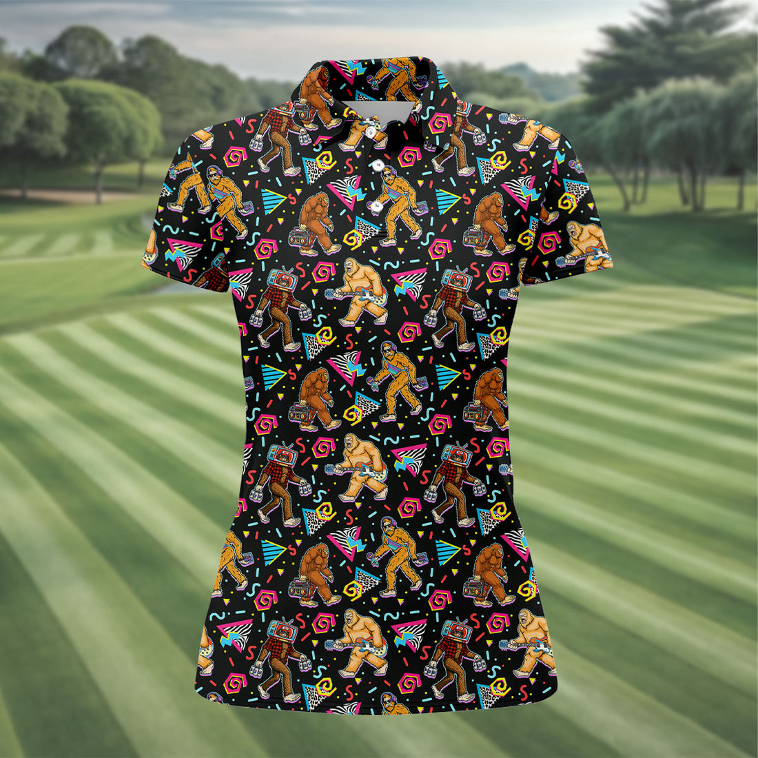 Retro Bigfoot Monkey Guitar Boombox Golf Shirt, Ladies Golf Shirts, Womens Golf Tops, Performance Golf Shirt