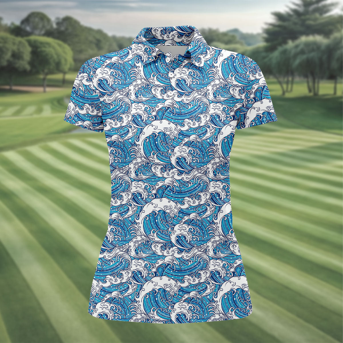 Japanese Wave Art Hawaiian Golf Shirt, Summer Ocean Women's Golf Tops, Ladies Golf Shirts