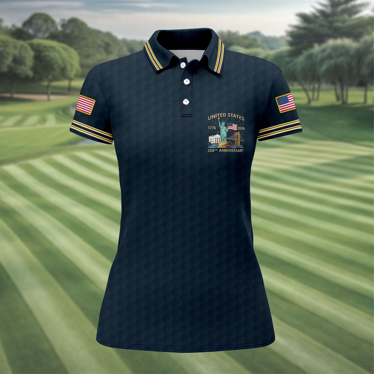 United States 250th Anniversary Golf Ball Pattern Navy Golf Shirt, 4th Of July Patriotic Golf Shirt For Women
