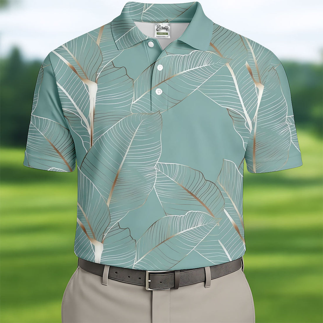 Tropical Leaves Blue Grey Golf Shirt, Summer Hawaiian Golf Shirt, Golf Shirts For Men