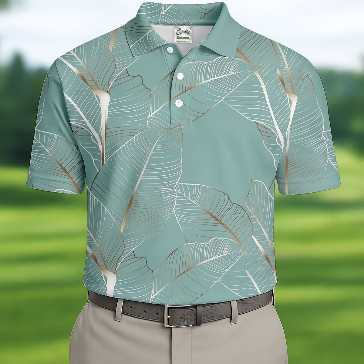 Tropical Leaves Blue Grey Golf Shirt, Summer Hawaiian Golf Shirt, Golf Shirts For Men