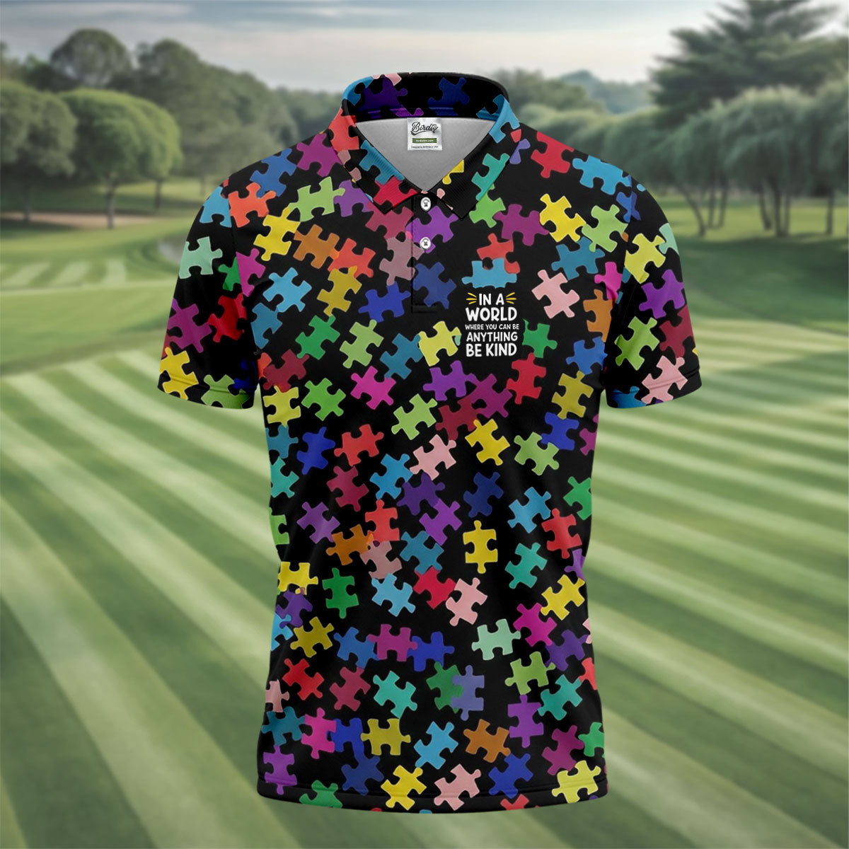 In A World Where You Can Be Anything Be Kind Autism Awareness Puzzle Pattern Men's Golf Shirt, Polo Shirt Men
