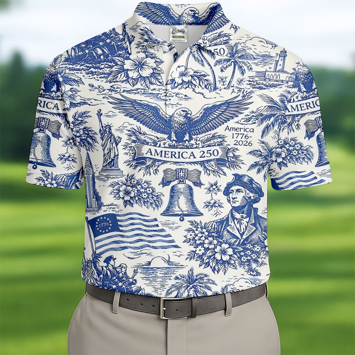 250th Anniversary Toile De Jouy American Symbols Vintage Golf Shirt, Patriotic 4th Of July Golf Shirts For Men