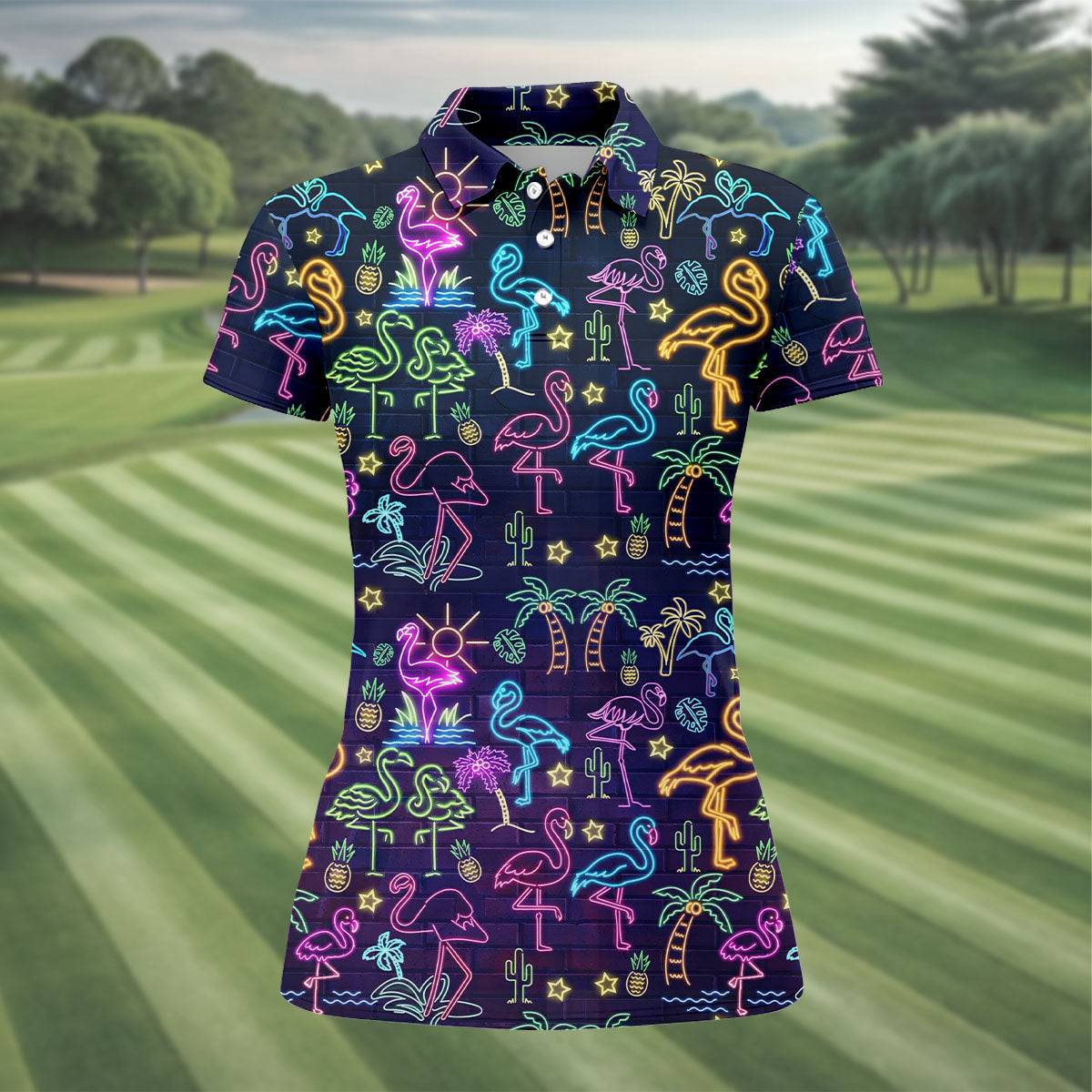 Neon Flamingo Tropical Night Golf Shirt, Women’s Golf Polo, Hawaiian Golf Shirt, Ladies Golf Tops