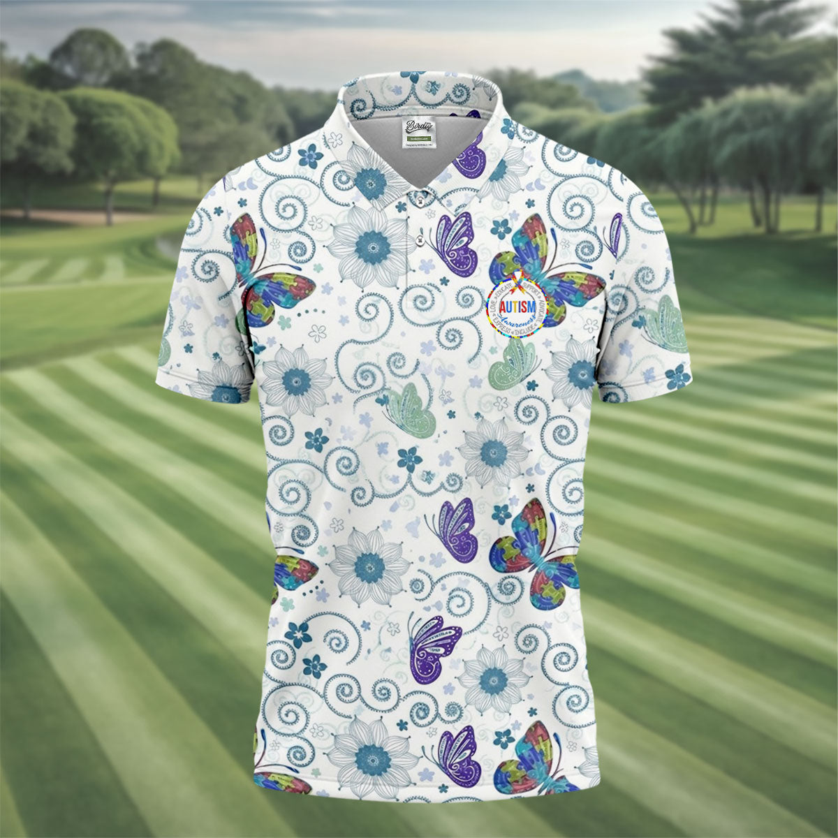 Autism Awareness Flower And Butterfly Puzzle Ribbon Men's Golf Shirt, Polo ShirtFor Men