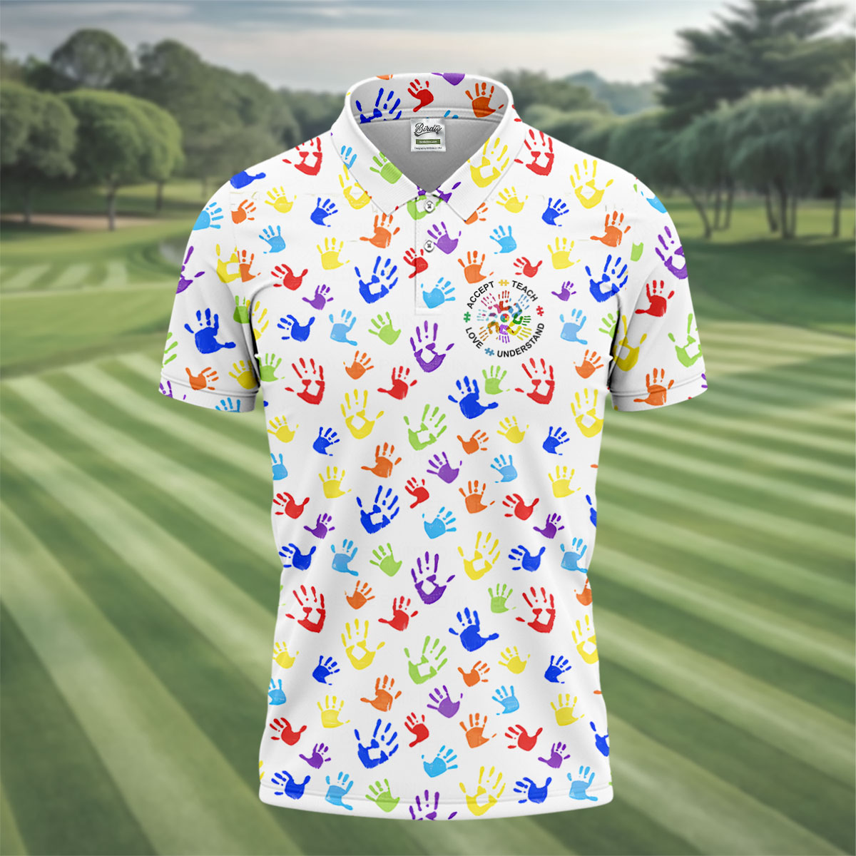 Accept Teach Understand Love Autism Awareness Colorful Handprint White Golf Shirt, Golf Shirts For Men