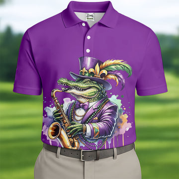 Mardi Gras Alligator Playing Saxophone Purple Golf Shirt, Golf Shirts For Men, Polo ShirtFor Men