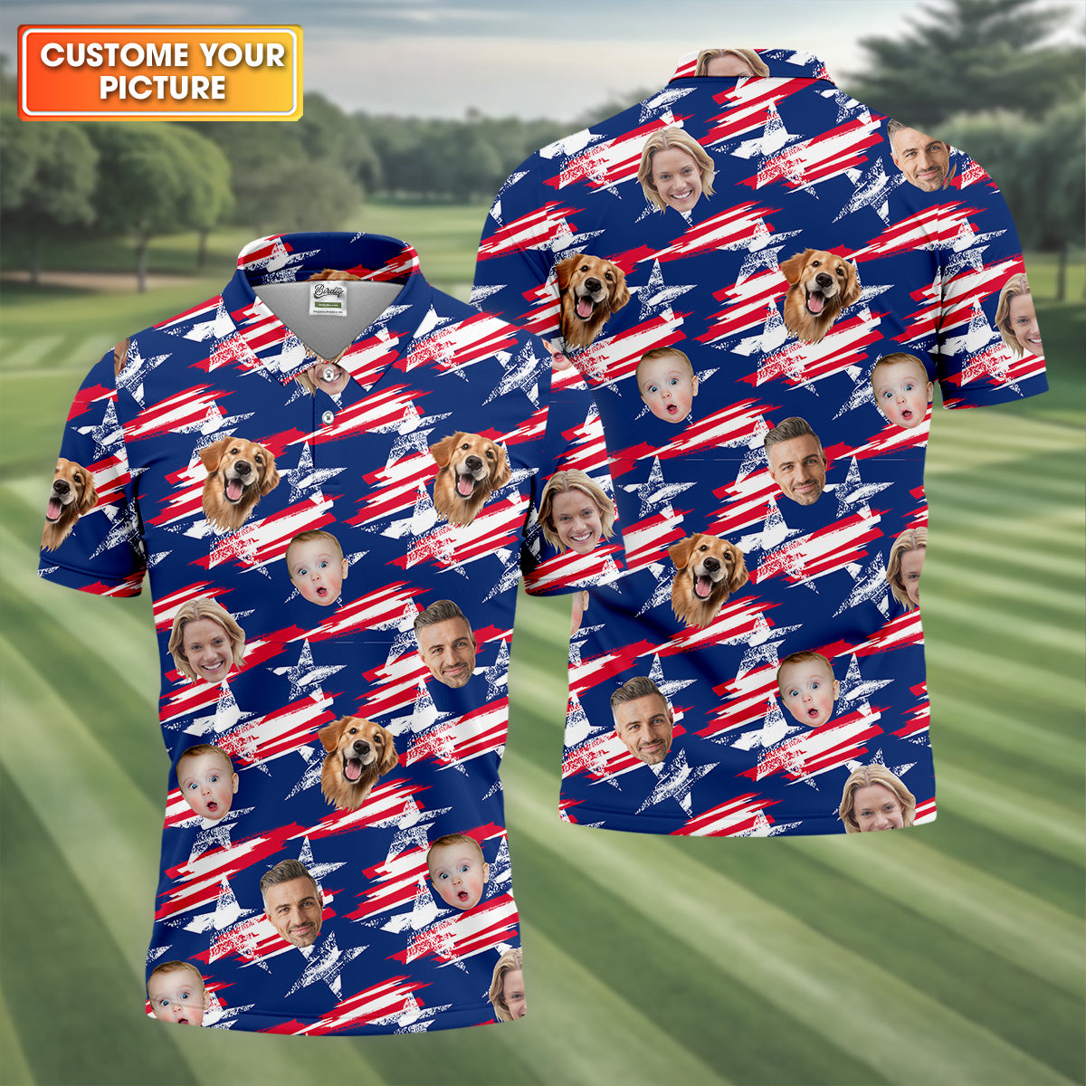 Independence Day Custom Shirts With Face, Men's Golf Polo Shirtmerica Flag Golf Shirt, USA Golf Shirt