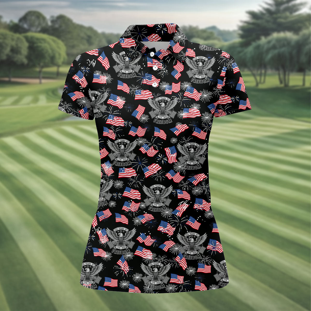 250 Years Of Freedom Festive Flag Vintage Black Golf Shirt, Patriotic 4th Of July Golf Shirt For Women