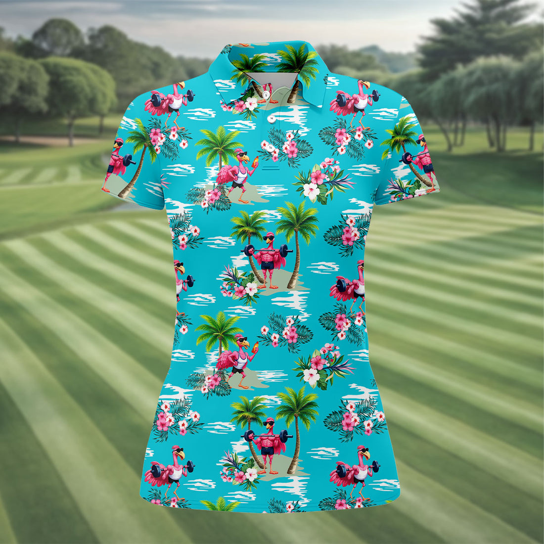 Funny Weightlifting Flamingo Tropical Hawaiian Golf Shirt, Golf Polo For Women, Printed Golf Shirt