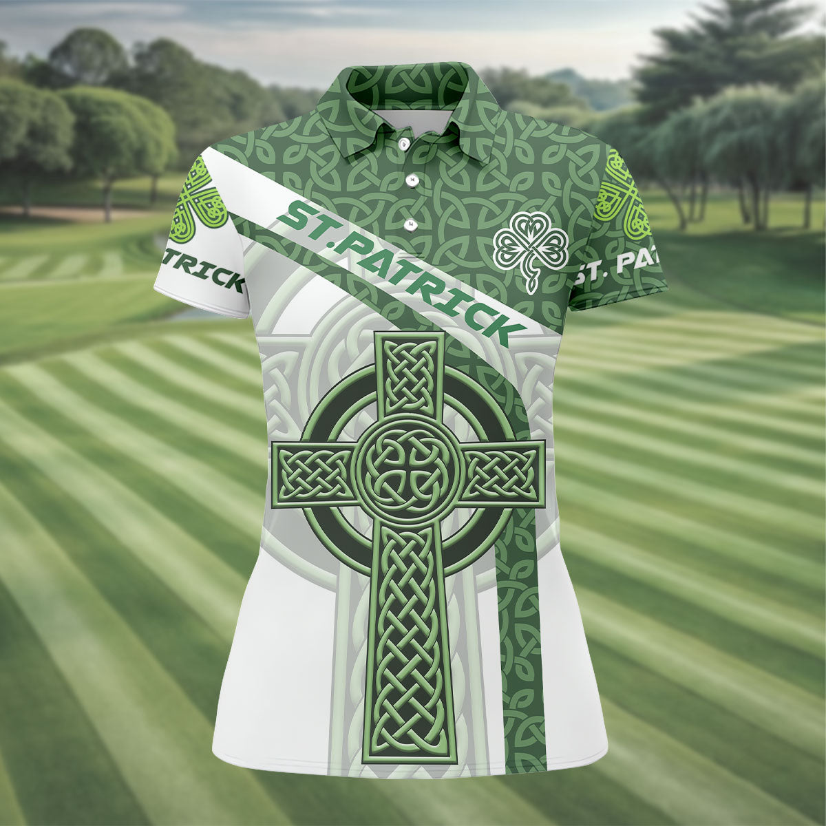 St Patrick's Day Celtic Knotwork Pattern Shamrock Golf Shirt, Women's Golf Tops, Ladies Golf Polos