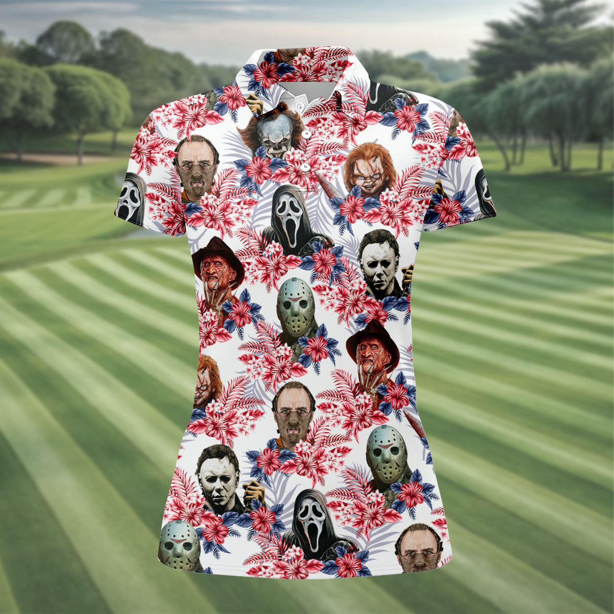 Tropical Horror Character Halloween Golf Shirt, Women's Golf Apparel, Printed Golf Shirt