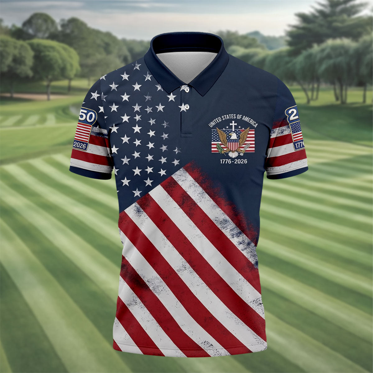 US Bald Eagle Distressed Flag 250 Faith Cross Golf Tops For Men, Patriotic 4th Of July Golf Shirts For Men
