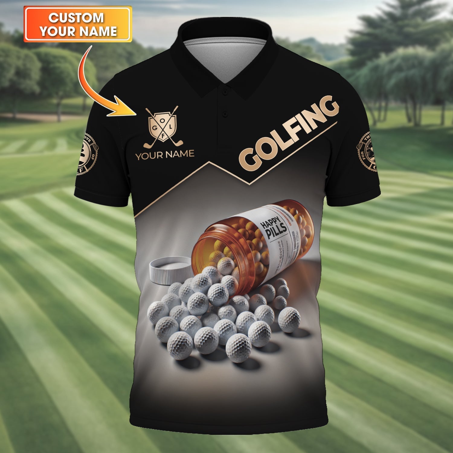 Happy Pills Men's Golf Polo ShirtGolfing Apparel, Mens Golf Gift, Funny Golf Shirt