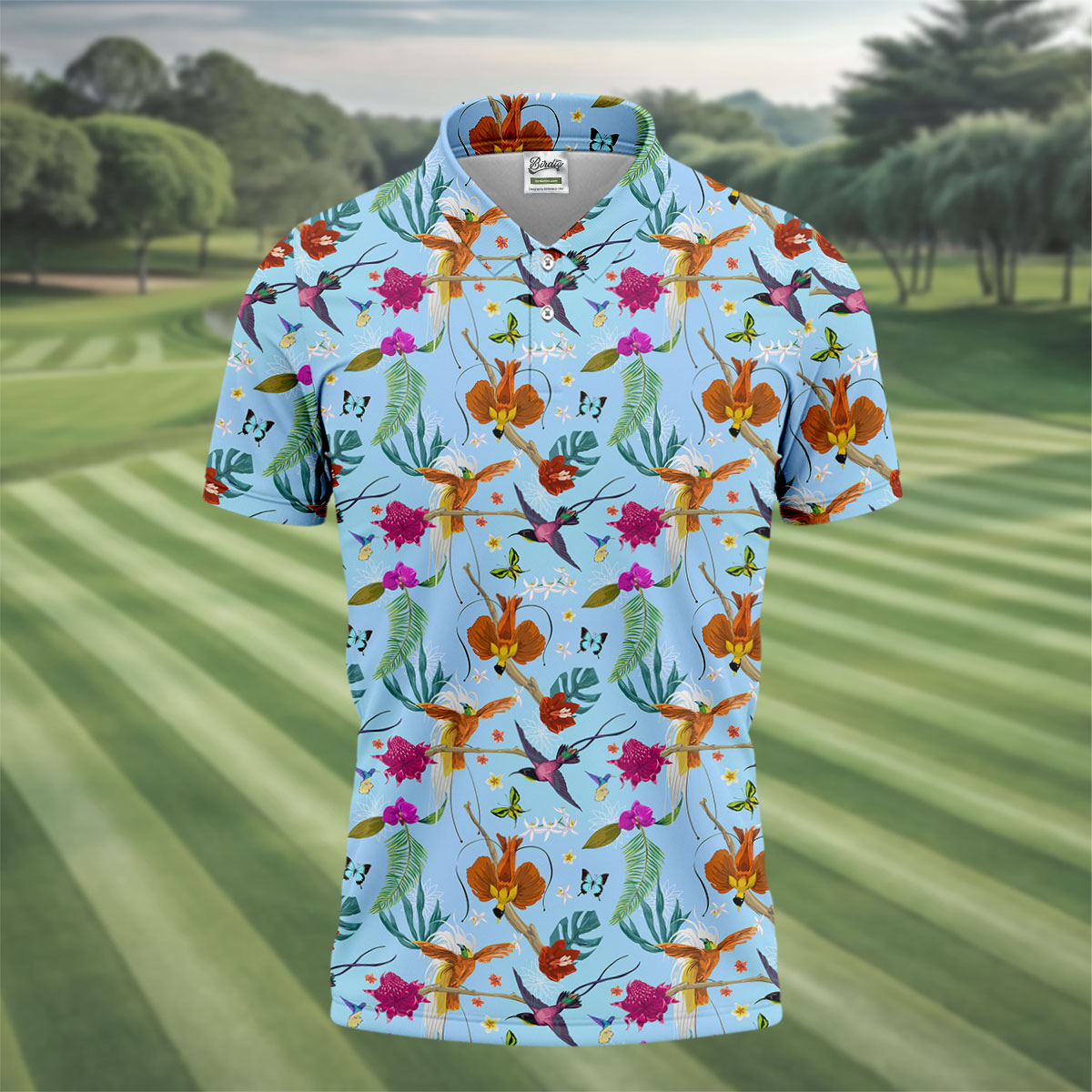 Hummingbird Paradise Golf Shirt, Tropical Flower Garden Pattern, Golf Shirt For Men