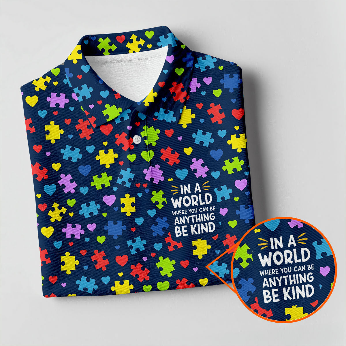 In A World Where You Can Be Anything Be Kind Autism Awareness Puzzle Pattern Navy Golf Shirt, Golf Shirt For Women