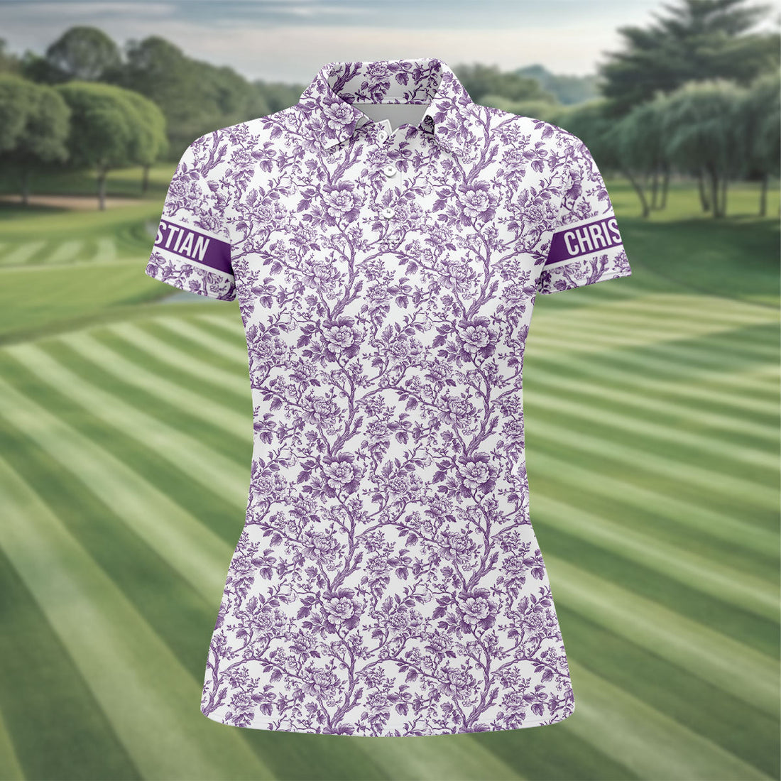 Toile De Jouy Purple Golf Shirt, Women's Golf Tops, Ladies Golf Shirts, Golf Gift For Ladies, Golf Shirt For Women