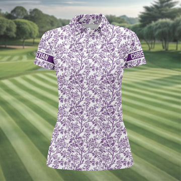 Toile De Jouy Purple Golf Shirt, Women's Golf Tops, Ladies Golf Shirts, Golf Gift For Ladies, Golf Shirt For Women