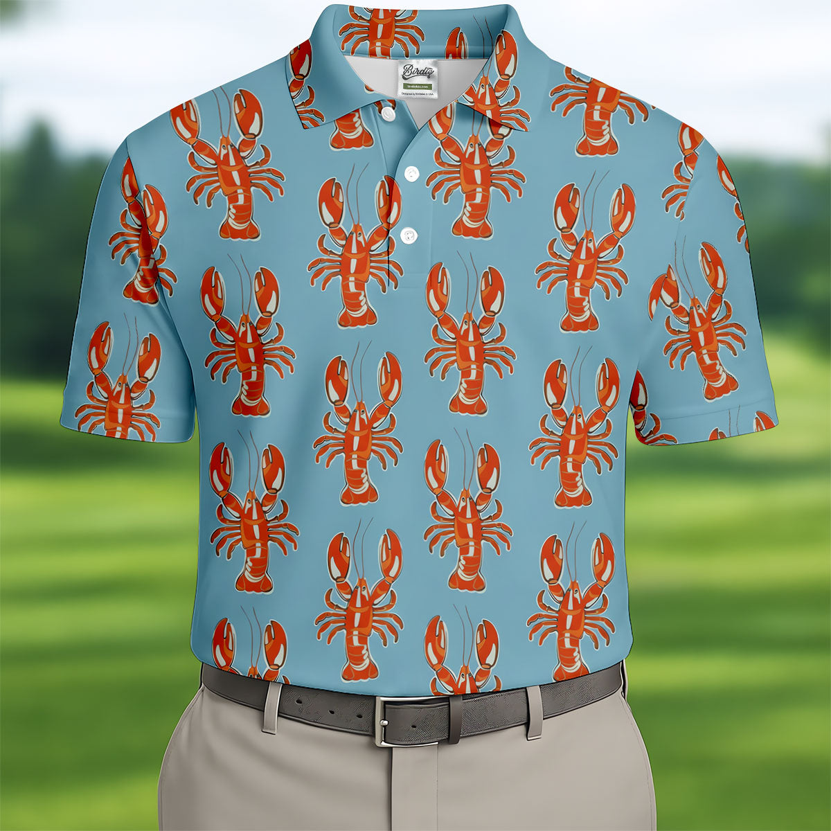 Orange Lobsters Light Blue Mardi Gras Golf Shirt, Golf Tops For Men, Polo ShirtFor Men, Golf Shirts For Men