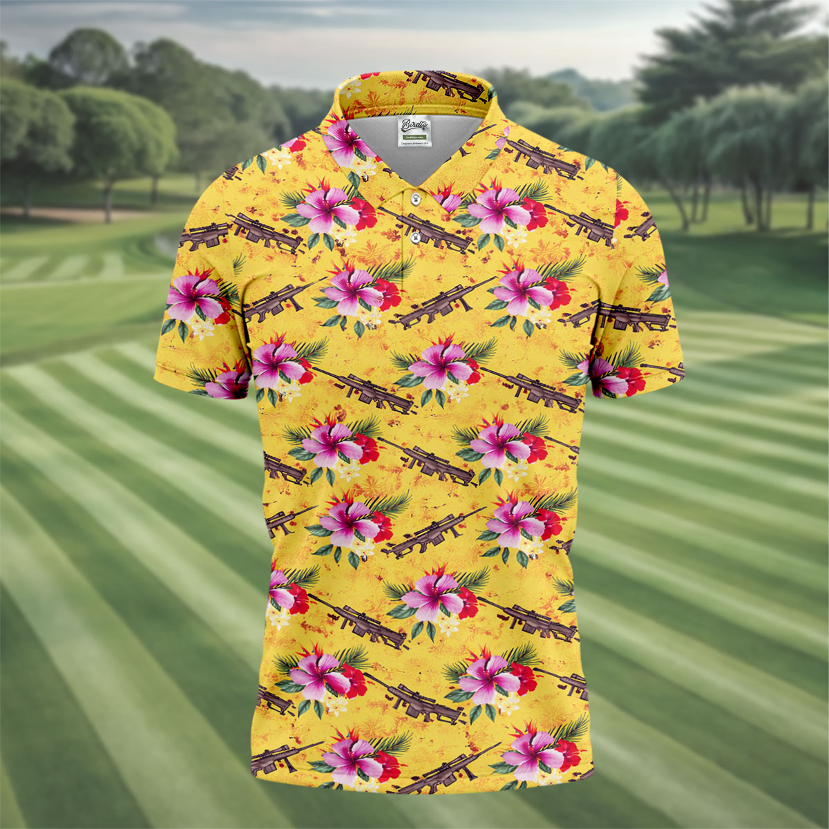 Floral Pattern Army Theme Hawaiian Yellow Golf Shirt, Men's Golf Polo Shirtlf Shirts For Men