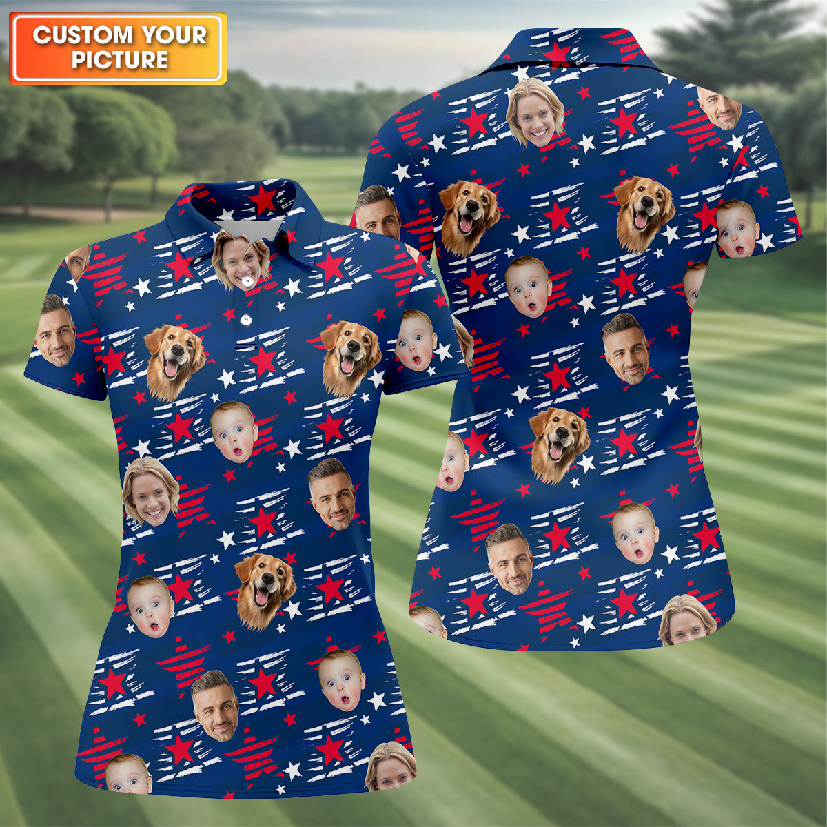 Custom Pet Portrait, America Flag Golf Shirt For Ladies, Women's Golf Polo ShirtPatriotic Golf Shirt