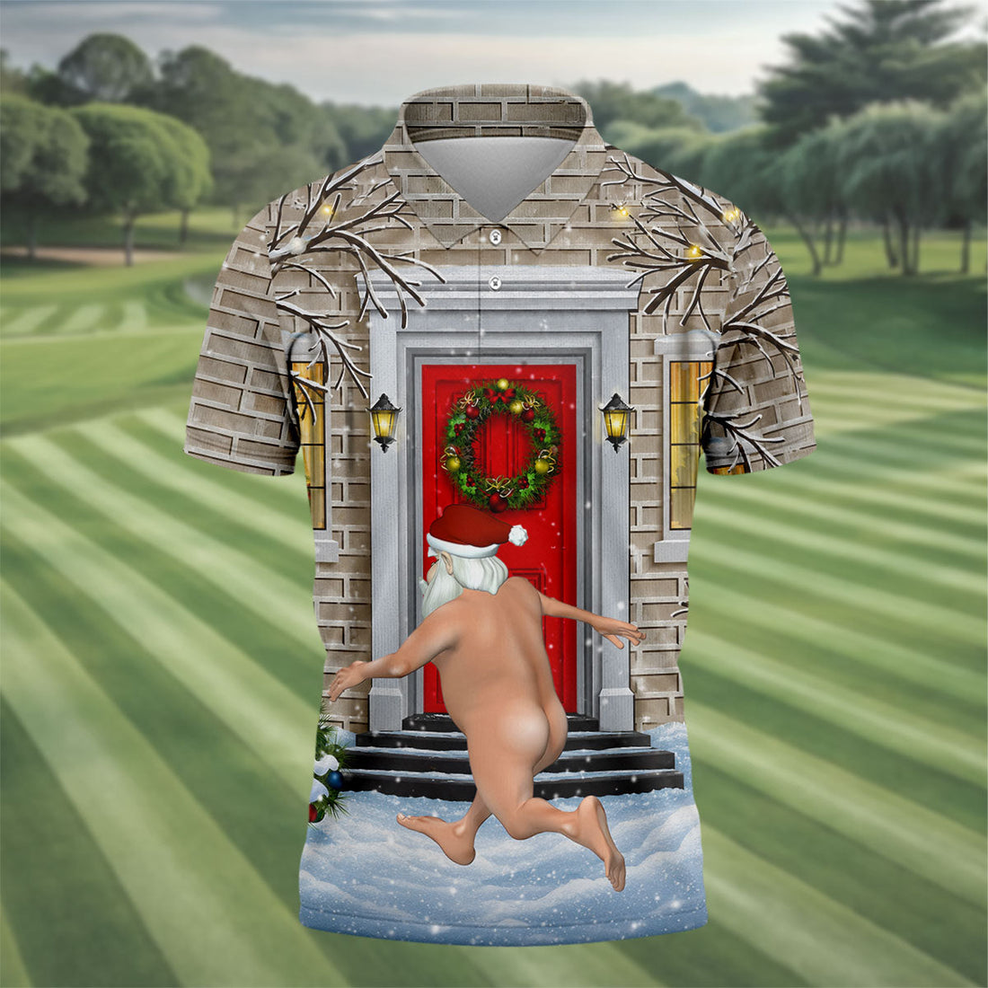 Men's Streaking Santa Doorbell Golf Shirt, Christmas Golf Shirt, Golf Apparel For Men