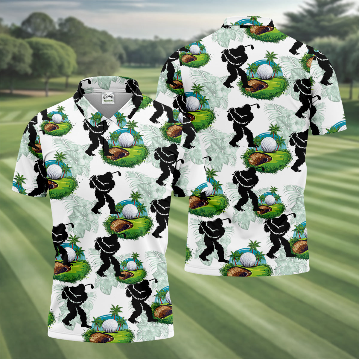 Tropical Golf Cart Bigfoot Golf Shirt, Funny Bigfoot Mens Golf Polo Shirt Cool Golf Gifts, Golfing Apparel