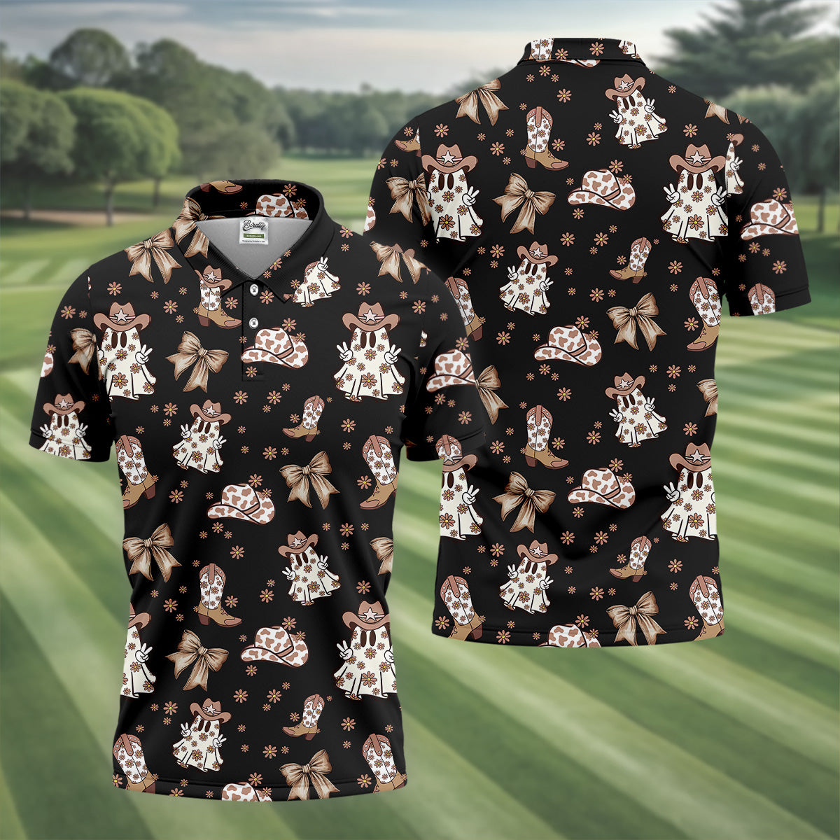 Coquette Halloween Cowboy Ghost Black Fun Golf Shirts For Men, Polo ShirtFor Men, Golfing Apparel