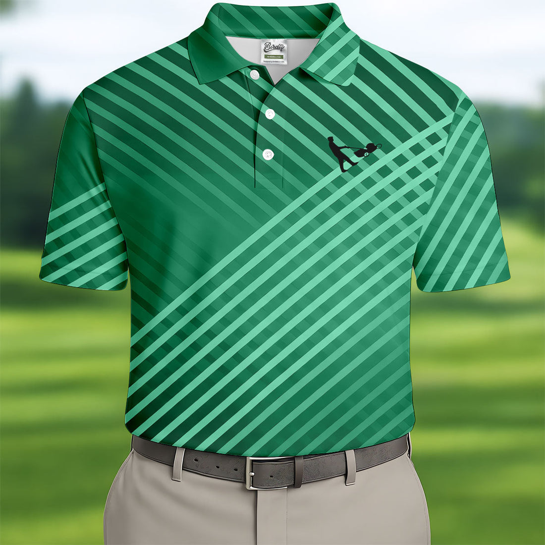 Green And White Striped Pattern Golf Tops For Men, Performance Golf Shirt, Polo Shirt Men