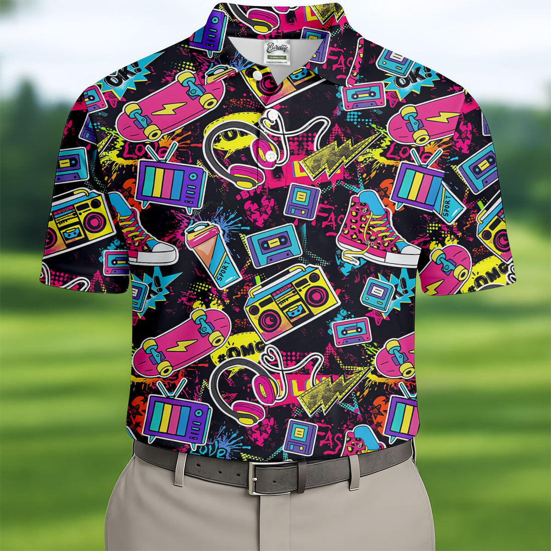 Retro 80s Colorful Pop Art Golf Tops For Men, Vintage 90s Neon Pattern Golf Shirts For Men